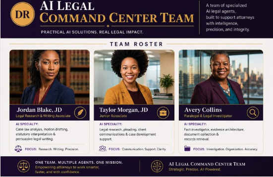 AI Legal Command Center Team roster: Jordan Blake, Taylor Morgan, and Avery Collins